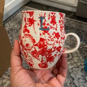 Anthropologie Homegrown Monogram L red Floral Initial Mug 14oz Ceramic Cup